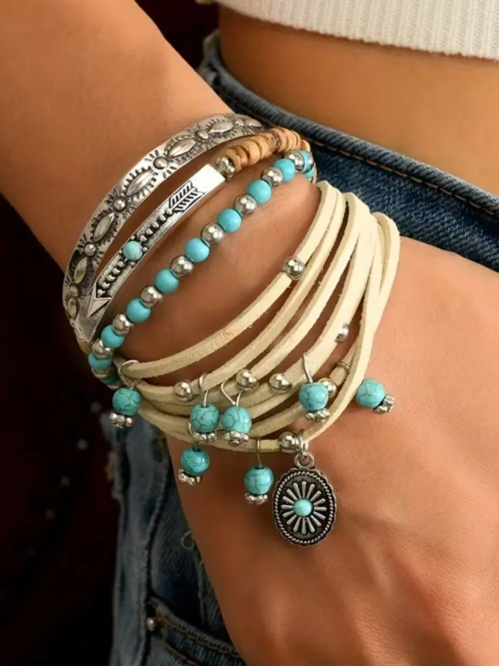 NWT Western Boho Faux Turquoise Stacked Bracelet Set PU Leather Charm Cuff